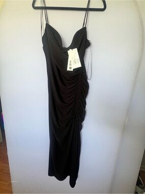 Zara Black Cowl Neck Ruched Midi Slip Dress